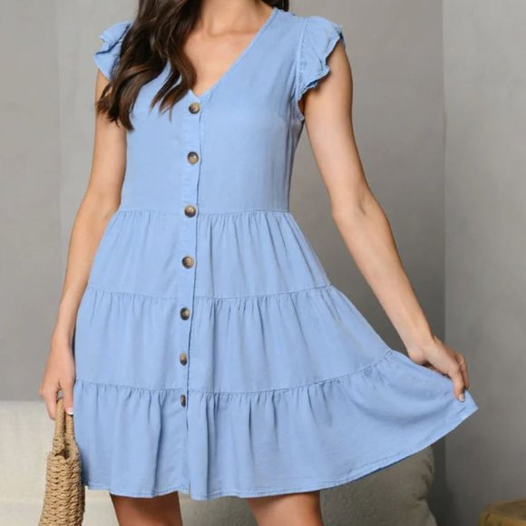 WOMEN'S FLUTER SLEEVELESS BUTTON DOWN CHAMBRAY MINI DRESS - Picture 1 of 1